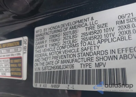 2021 Acura Rdx A-Spec Package z USA, uszkodzony, nr VIN 5J8TC2H6XML034106